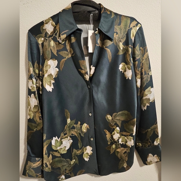 Vince Silk Camellia Branch Bias Long Sleeve Blouse Size Large Color Azurine